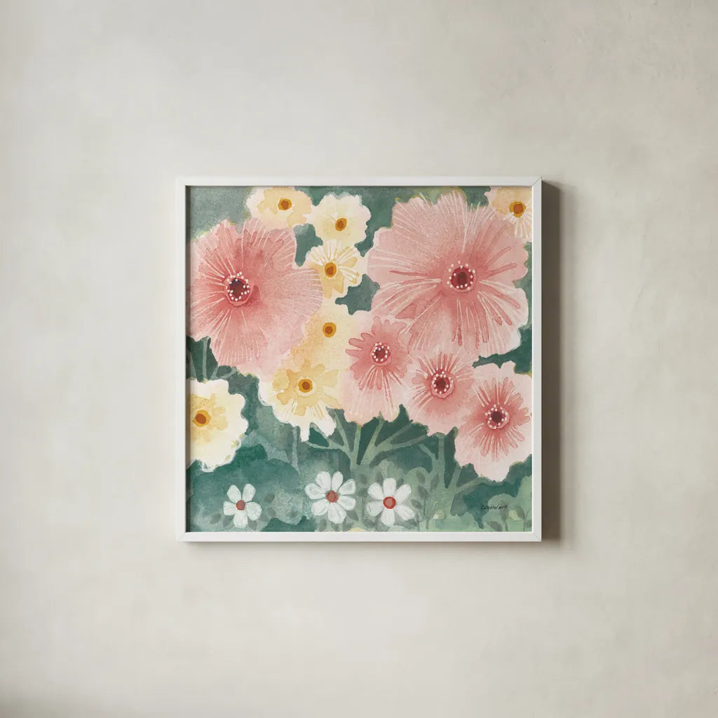 Garden Party II Pastel by Kathrine Lovell. Shown in a crisp white glass frame for a clean and minimalist style. Available as an archival giclee rolled canvas, fine art paper, or poster print. SKU 88126a.