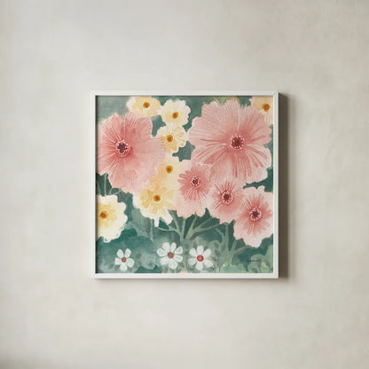 Garden Party II Pastel by Kathrine Lovell. Shown in a crisp white glass frame for a clean and minimalist style. Available as an archival giclee rolled canvas, fine art paper, or poster print. SKU 88126a.