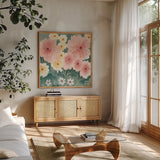 Garden Party II Pastel by Kathrine Lovell. Shown in a natural wood frame in a cozy modern living room. Available as an archival giclee rolled canvas, fine art paper, or poster print. SKU 88126a.