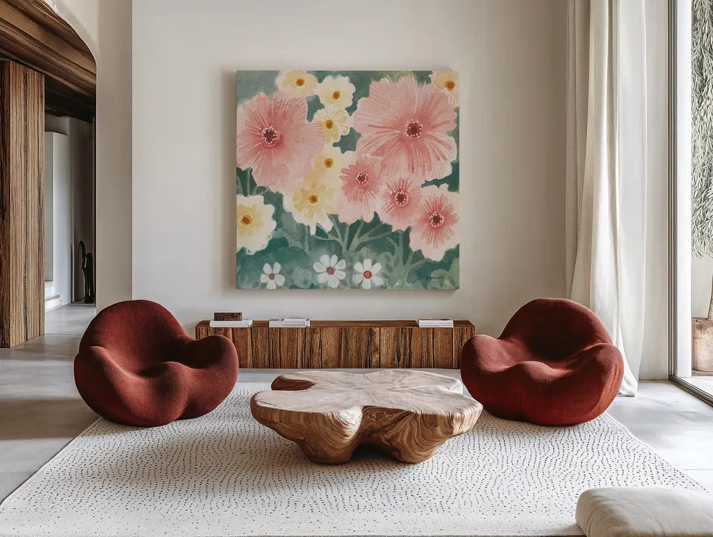 Garden Party II Pastel by Kathrine Lovell. Shown as extra-large giant wall art in a modern living room. Available as an archival giclee rolled canvas, fine art paper, or poster print. SKU 88126a.