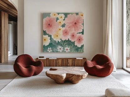 Garden Party II Pastel by Kathrine Lovell. Shown as extra-large giant wall art in a modern living room. Available as an archival giclee rolled canvas, fine art paper, or poster print. SKU 88126a.