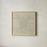 Geometric Tone on Tone III Dark by Kathrine Lovell. Shown in a natural wood glass frame for a timeless modern aesthetic. Available as an archival giclee rolled canvas, fine art paper, or poster print. SKU 30071a.
