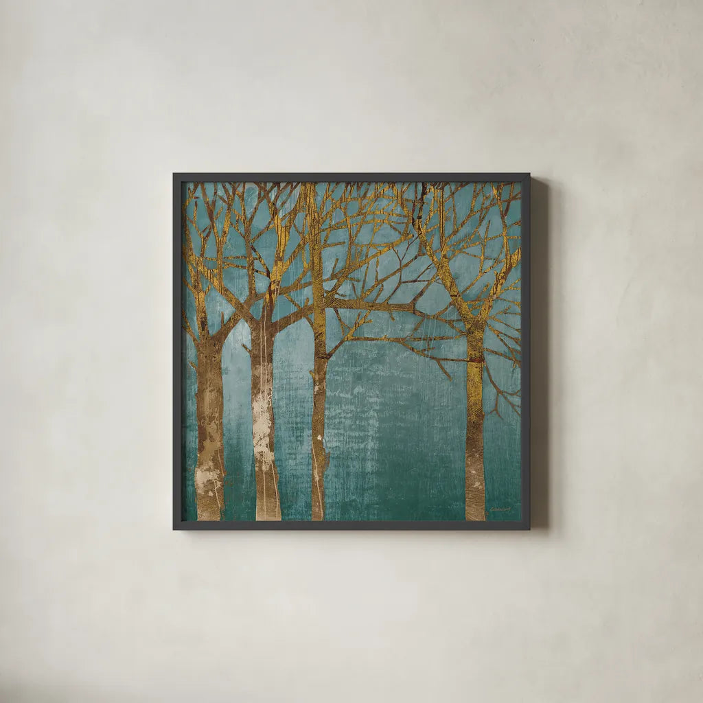Golden Day Turquoise by Kathrine Lovell. Shown in a sleek black glass frame for a contemporary gallery look. Available as an archival giclee rolled canvas, fine art paper, or poster print. SKU 10379a.