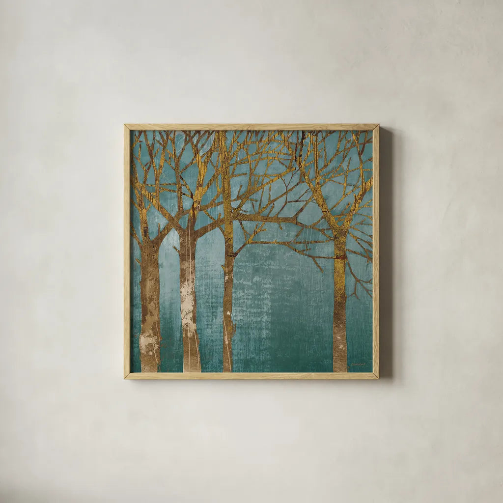 Golden Day Turquoise by Kathrine Lovell. Shown in a natural wood glass frame for a timeless modern aesthetic. Available as an archival giclee rolled canvas, fine art paper, or poster print. SKU 10379a.