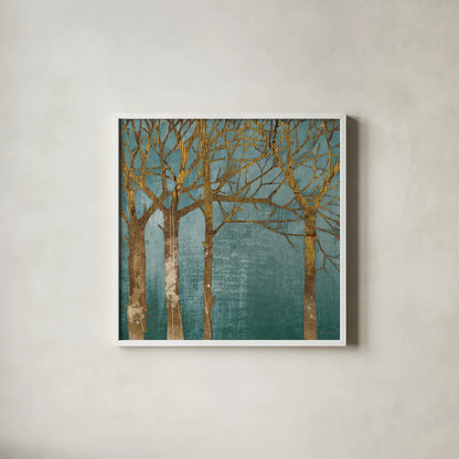 Golden Day Turquoise by Kathrine Lovell. Shown in a crisp white glass frame for a clean and minimalist style. Available as an archival giclee rolled canvas, fine art paper, or poster print. SKU 10379a.