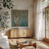 Golden Day Turquoise by Kathrine Lovell. Shown in a natural wood frame in a cozy modern living room. Available as an archival giclee rolled canvas, fine art paper, or poster print. SKU 10379a.