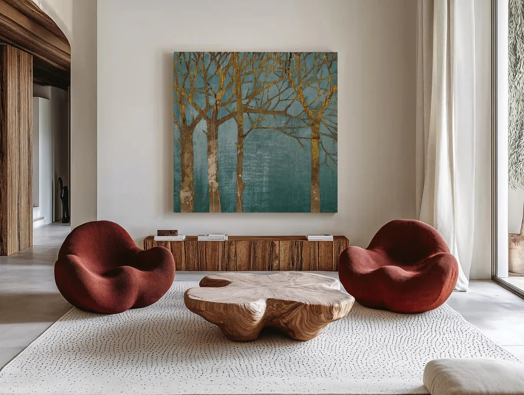 Golden Day Turquoise by Kathrine Lovell. Shown as extra-large giant wall art in a modern living room. Available as an archival giclee rolled canvas, fine art paper, or poster print. SKU 10379a.