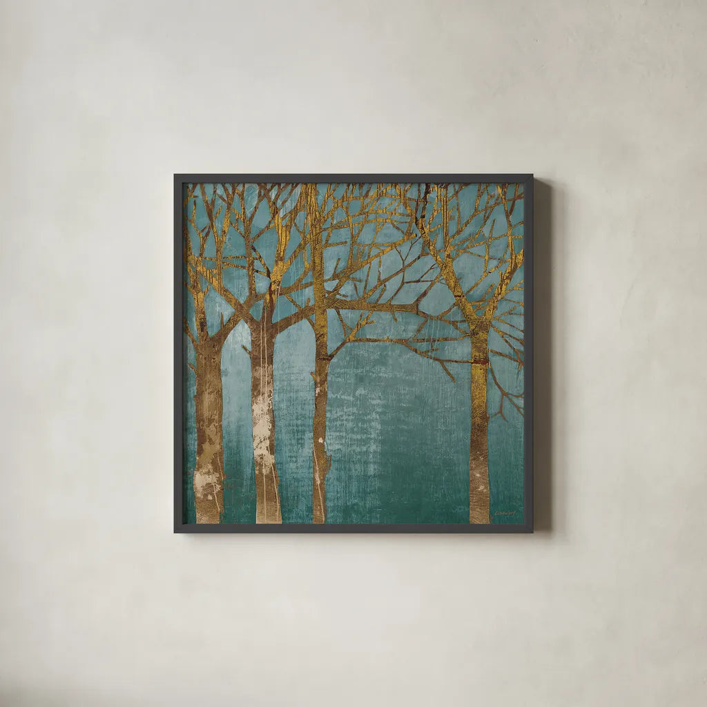 Golden Day Turquoise by Kathrine Lovell. Shown in a sleek black glass frame for a contemporary gallery look. Available as an archival giclee rolled canvas, fine art paper, or poster print. SKU 14860a.