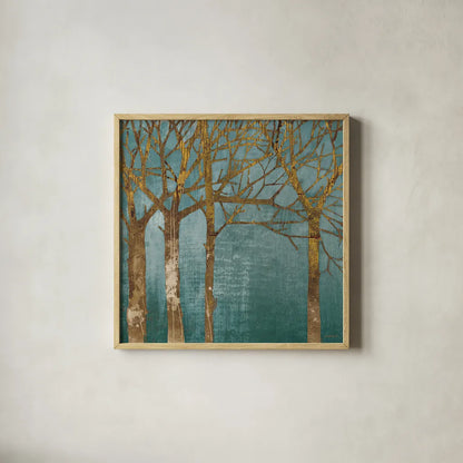 Golden Day Turquoise by Kathrine Lovell. Shown in a natural wood glass frame for a timeless modern aesthetic. Available as an archival giclee rolled canvas, fine art paper, or poster print. SKU 14860a.