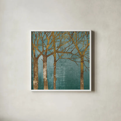 Golden Day Turquoise by Kathrine Lovell. Shown in a crisp white glass frame for a clean and minimalist style. Available as an archival giclee rolled canvas, fine art paper, or poster print. SKU 14860a.