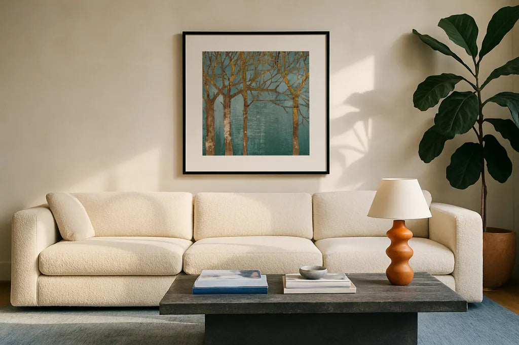 Golden Day Turquoise by Kathrine Lovell. Displayed in a glass frame with matte in a clean modern living room. Available as an archival giclee rolled canvas, fine art paper, or poster print. SKU 14860a.