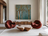 Golden Day Turquoise by Kathrine Lovell. Shown as extra-large giant wall art in a modern living room. Available as an archival giclee rolled canvas, fine art paper, or poster print. SKU 14860a.