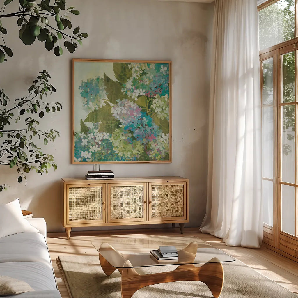 Grandiflora Bloom by Kathrine Lovell. Shown in a natural wood frame in a cozy modern living room. Available as an archival giclee rolled canvas, fine art paper, or poster print. SKU 5087a.