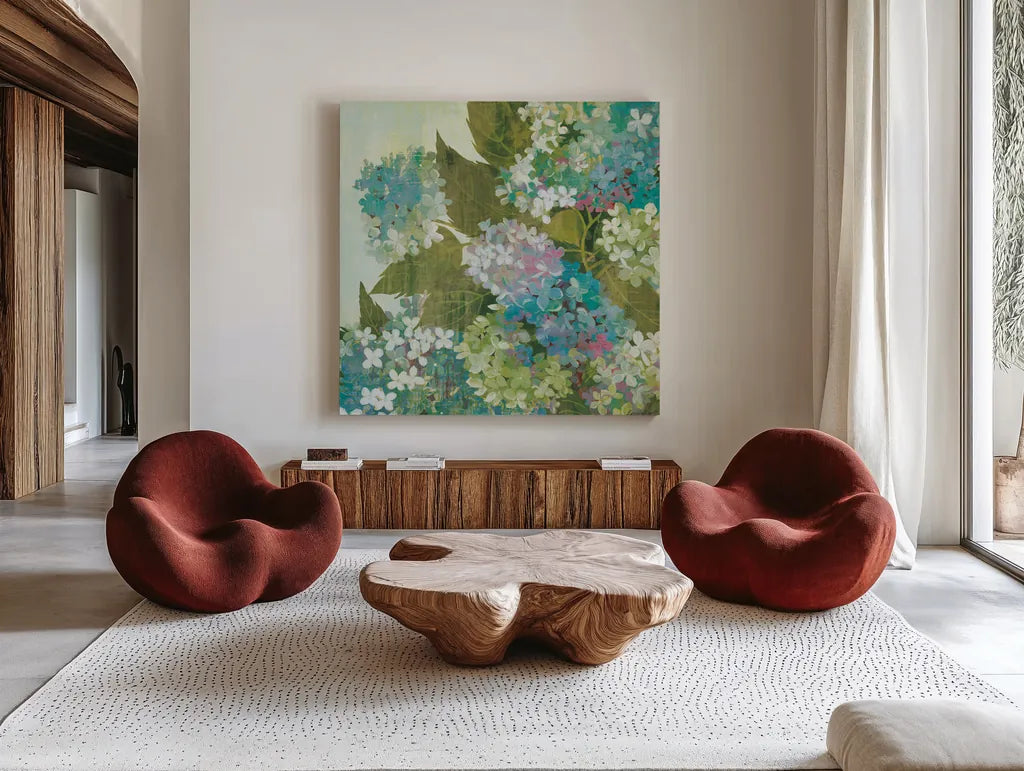 Grandiflora Bloom by Kathrine Lovell. Shown as extra-large giant wall art in a modern living room. Available as an archival giclee rolled canvas, fine art paper, or poster print. SKU 5087a.