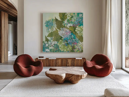 Grandiflora Bloom by Kathrine Lovell. Shown as extra-large giant wall art in a modern living room. Available as an archival giclee rolled canvas, fine art paper, or poster print. SKU 5087a.