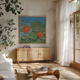 Happy Day I by Kathrine Lovell. Shown in a natural wood frame in a cozy modern living room. Available as an archival giclee rolled canvas, fine art paper, or poster print. SKU 24404a.