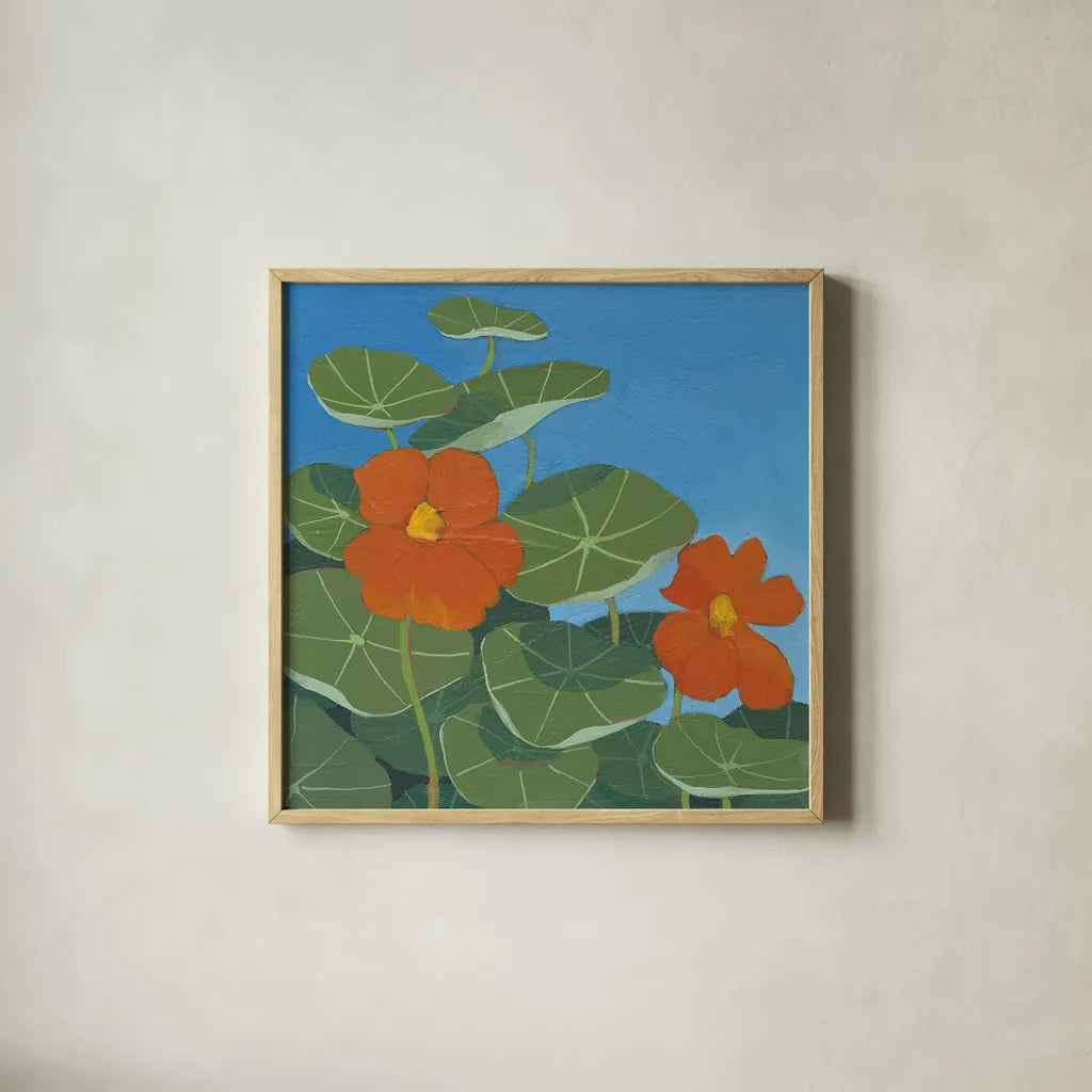 Happy Day II by Kathrine Lovell. Shown in a natural wood glass frame for a timeless modern aesthetic. Available as an archival giclee rolled canvas, fine art paper, or poster print. SKU 24405a.