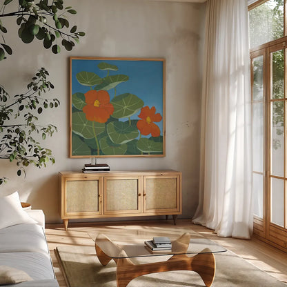 Happy Day II by Kathrine Lovell. Shown in a natural wood frame in a cozy modern living room. Available as an archival giclee rolled canvas, fine art paper, or poster print. SKU 24405a.