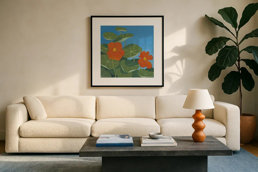 Happy Day II by Kathrine Lovell. Displayed in a glass frame with matte in a clean modern living room. Available as an archival giclee rolled canvas, fine art paper, or poster print. SKU 24405a.
