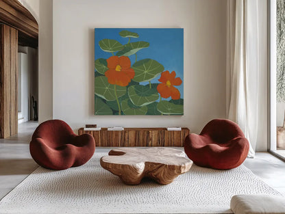 Happy Day II by Kathrine Lovell. Shown as extra-large giant wall art in a modern living room. Available as an archival giclee rolled canvas, fine art paper, or poster print. SKU 24405a.