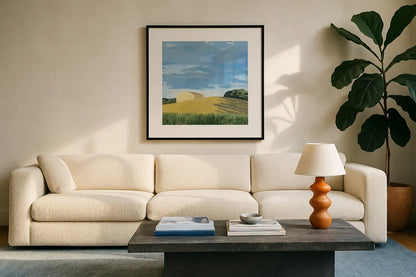 Helgers by Kathrine Lovell. Displayed in a glass frame with matte in a clean modern living room. Available as an archival giclee rolled canvas, fine art paper, or poster print. SKU 58640a.