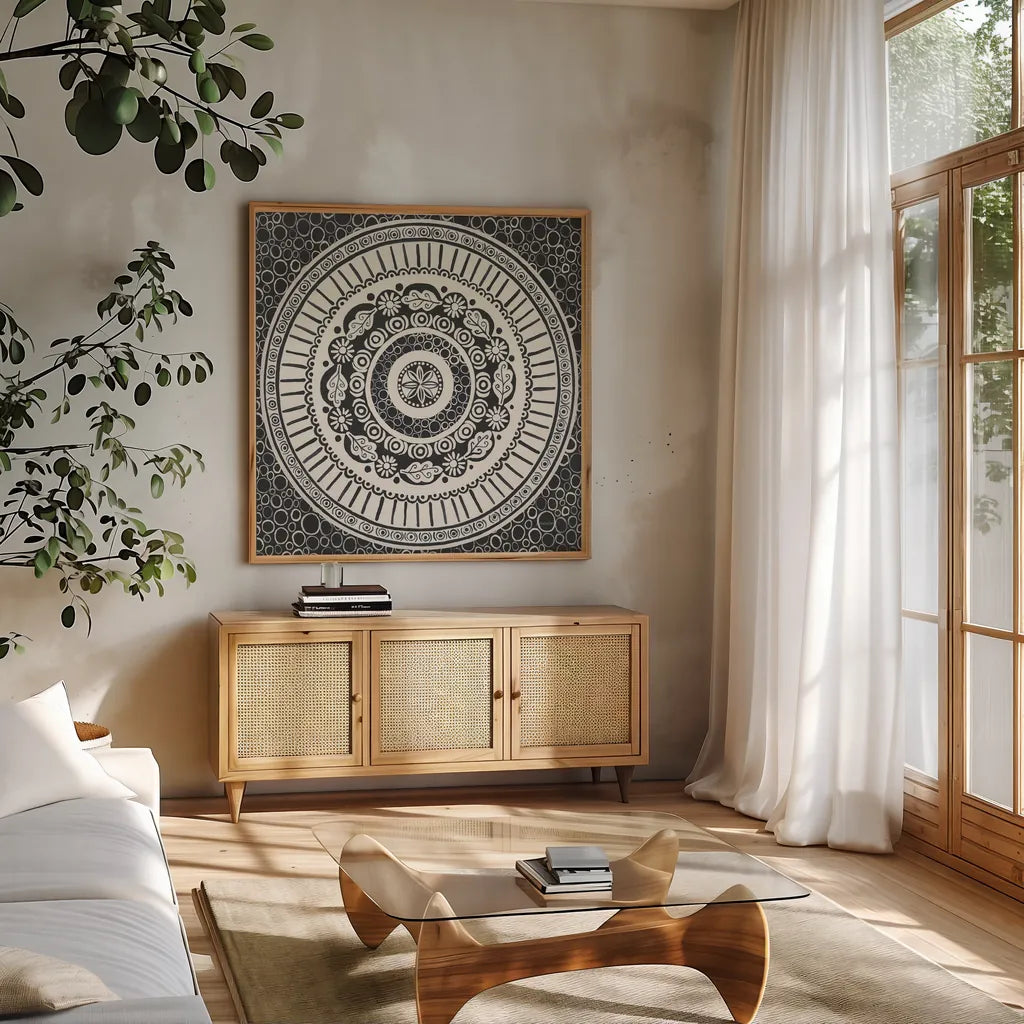 Hemma IV BC by Kathrine Lovell. Shown in a natural wood frame in a cozy modern living room. Available as an archival giclee rolled canvas, fine art paper, or poster print. SKU 63091a.