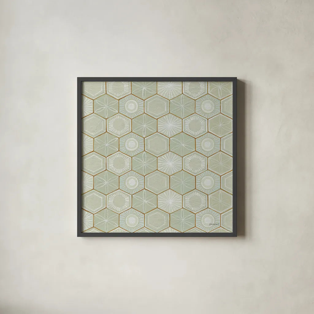 Hex I by Kathrine Lovell. Shown in a sleek black glass frame for a contemporary gallery look. Available as an archival giclee rolled canvas, fine art paper, or poster print. SKU 55525a.