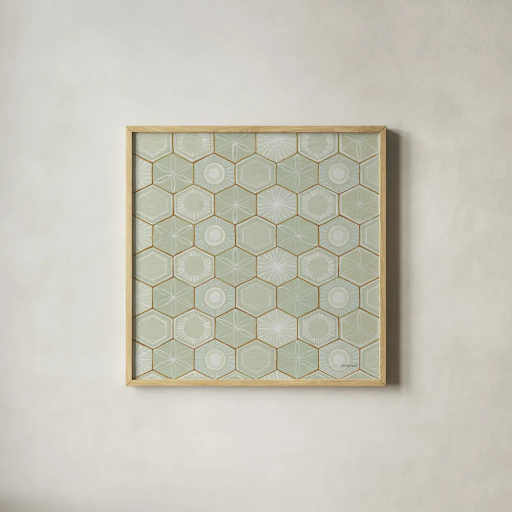 Hex I by Kathrine Lovell. Shown in a natural wood glass frame for a timeless modern aesthetic. Available as an archival giclee rolled canvas, fine art paper, or poster print. SKU 55525a.