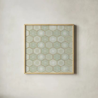 Hex I by Kathrine Lovell. Shown in a natural wood glass frame for a timeless modern aesthetic. Available as an archival giclee rolled canvas, fine art paper, or poster print. SKU 55525a.