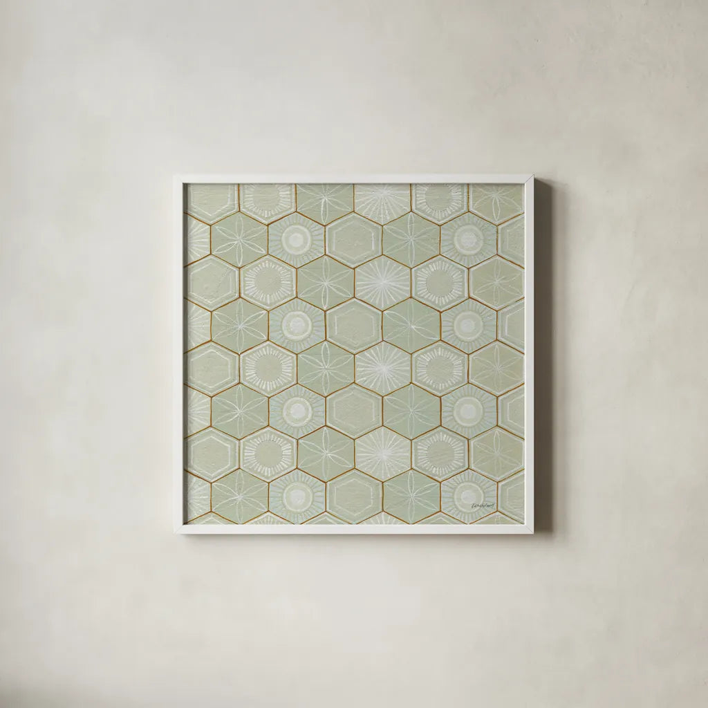 Hex I by Kathrine Lovell. Shown in a crisp white glass frame for a clean and minimalist style. Available as an archival giclee rolled canvas, fine art paper, or poster print. SKU 55525a.