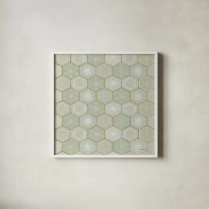 Hex I by Kathrine Lovell. Shown in a crisp white glass frame for a clean and minimalist style. Available as an archival giclee rolled canvas, fine art paper, or poster print. SKU 55525a.