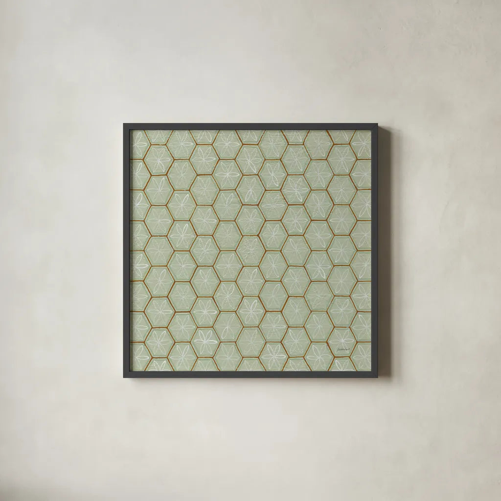 Hex II by Kathrine Lovell. Shown in a sleek black glass frame for a contemporary gallery look. Available as an archival giclee rolled canvas, fine art paper, or poster print. SKU 55526a.