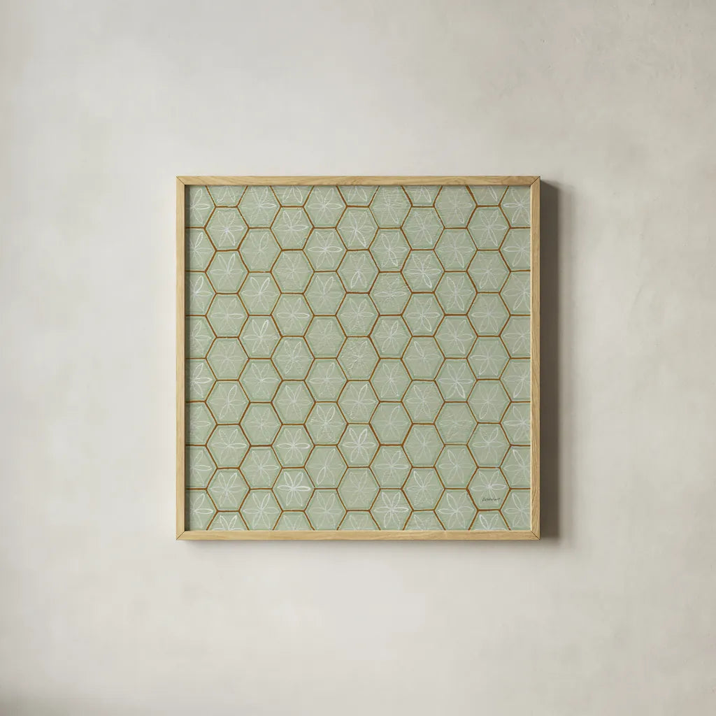 Hex II by Kathrine Lovell. Shown in a natural wood glass frame for a timeless modern aesthetic. Available as an archival giclee rolled canvas, fine art paper, or poster print. SKU 55526a.