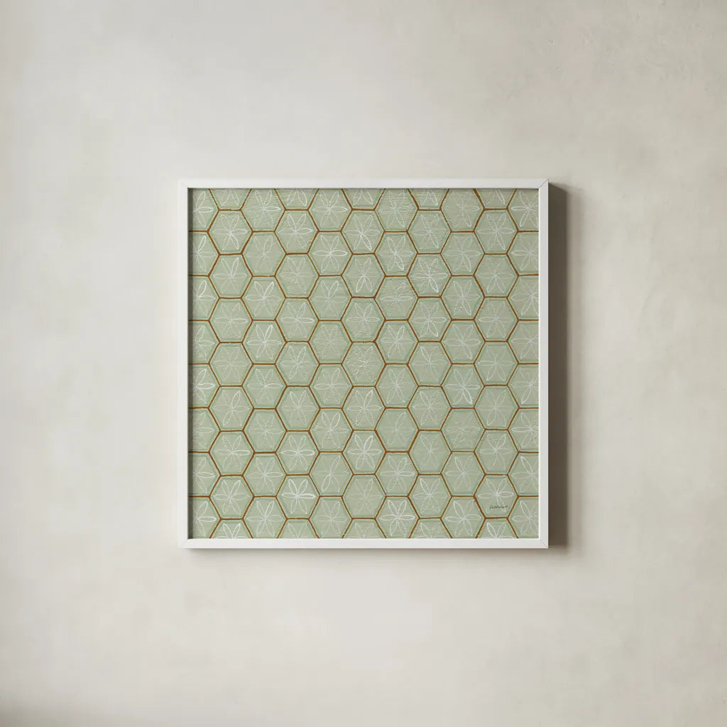 Hex II by Kathrine Lovell. Shown in a crisp white glass frame for a clean and minimalist style. Available as an archival giclee rolled canvas, fine art paper, or poster print. SKU 55526a.