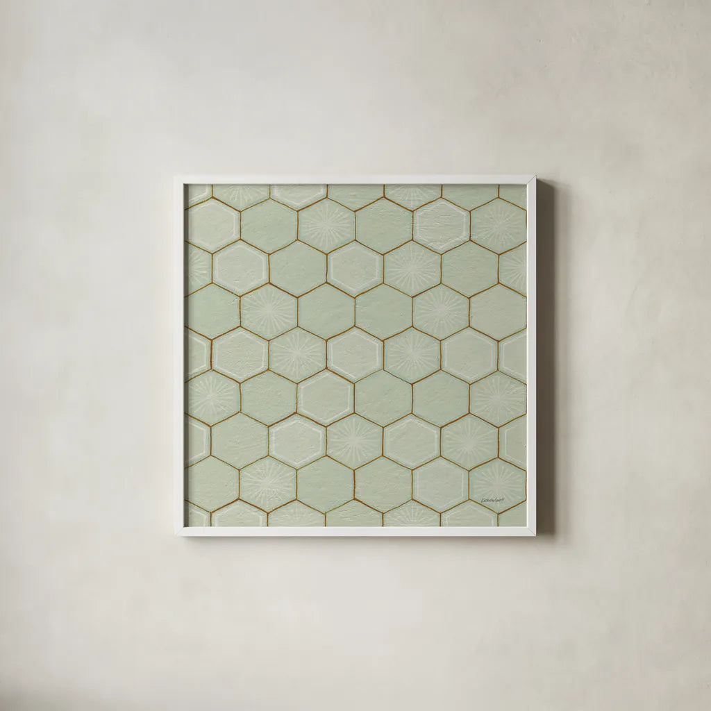 Hex III by Kathrine Lovell. Shown in a crisp white glass frame for a clean and minimalist style. Available as an archival giclee rolled canvas, fine art paper, or poster print. SKU 55527a.