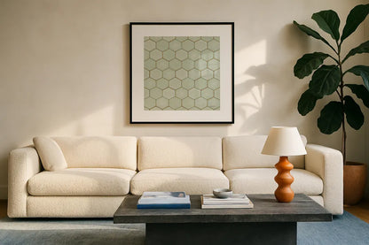 Hex III by Kathrine Lovell. Displayed in a glass frame with matte in a clean modern living room. Available as an archival giclee rolled canvas, fine art paper, or poster print. SKU 55527a.