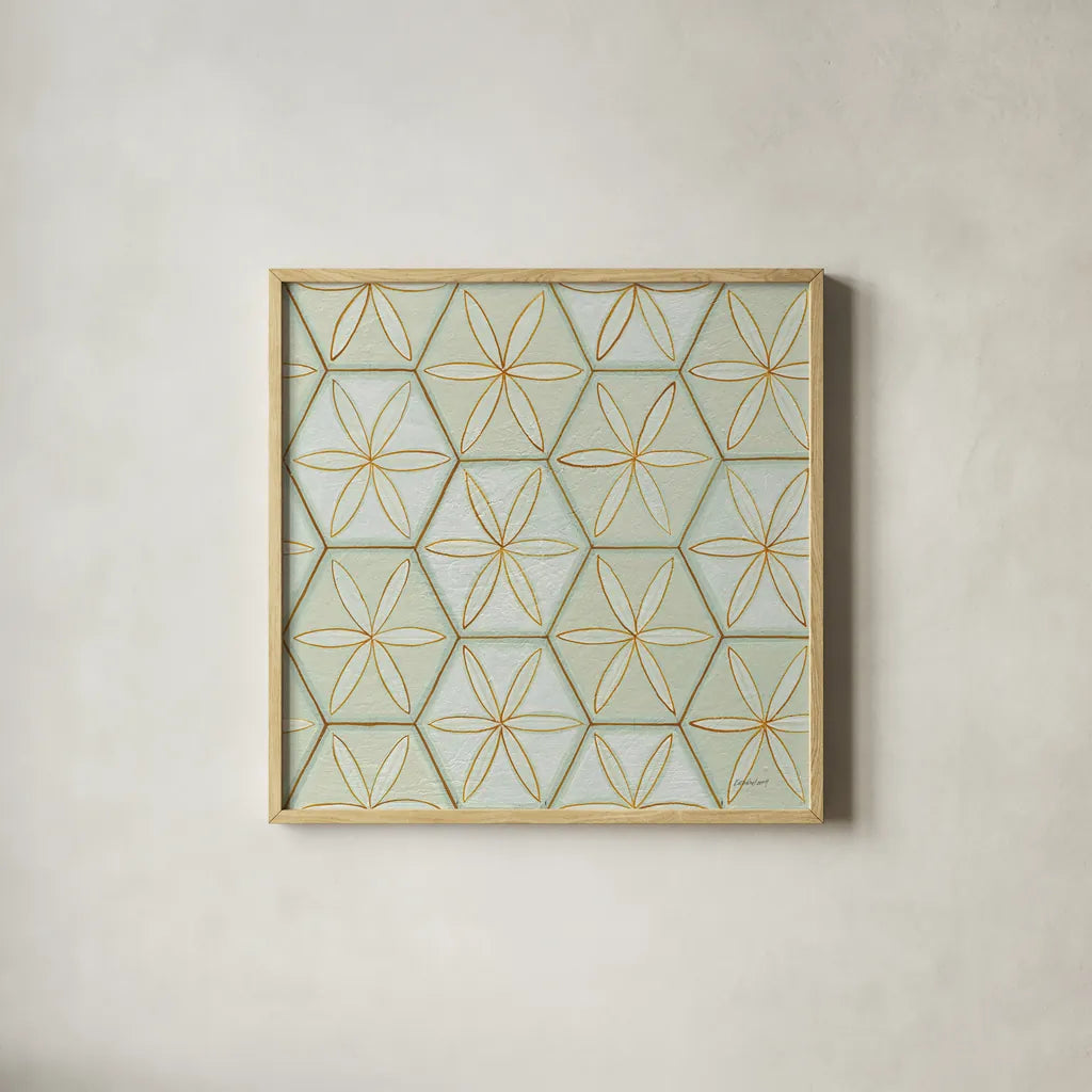 Hex IV by Kathrine Lovell. Shown in a natural wood glass frame for a timeless modern aesthetic. Available as an archival giclee rolled canvas, fine art paper, or poster print. SKU 55528a.