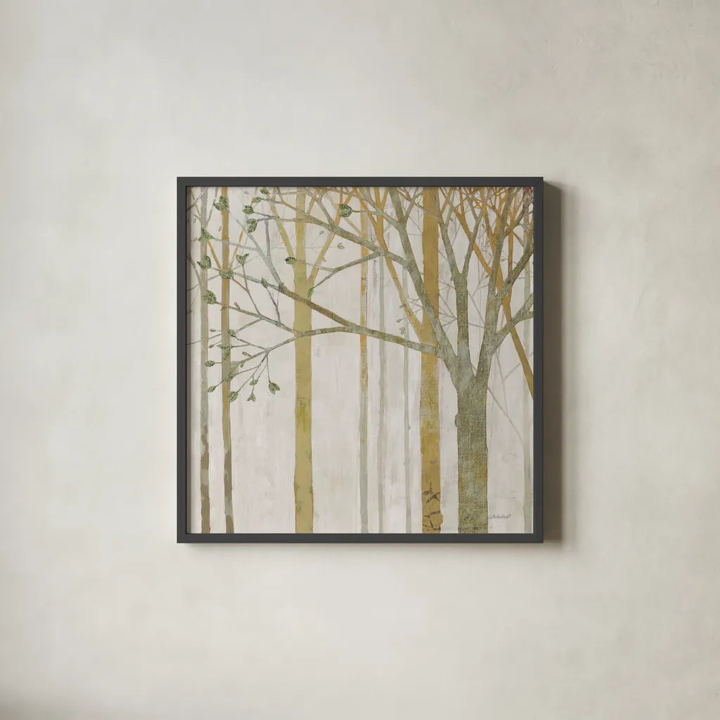 In Springtime III Gold Gray by Kathrine Lovell. Shown in a sleek black glass frame for a contemporary gallery look. Available as an archival giclee rolled canvas, fine art paper, or poster print. SKU 43354a.