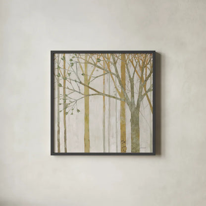 In Springtime III Gold Gray by Kathrine Lovell. Shown in a sleek black glass frame for a contemporary gallery look. Available as an archival giclee rolled canvas, fine art paper, or poster print. SKU 43354a.