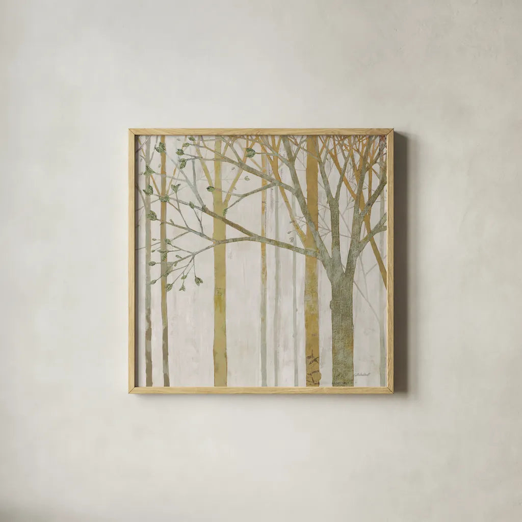 In Springtime III Gold Gray by Kathrine Lovell. Shown in a natural wood glass frame for a timeless modern aesthetic. Available as an archival giclee rolled canvas, fine art paper, or poster print. SKU 43354a.