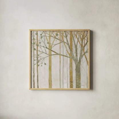 In Springtime III Gold Gray by Kathrine Lovell. Shown in a natural wood glass frame for a timeless modern aesthetic. Available as an archival giclee rolled canvas, fine art paper, or poster print. SKU 43354a.