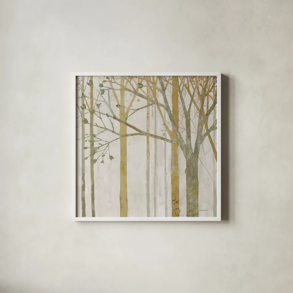 In Springtime III Gold Gray by Kathrine Lovell. Shown in a crisp white glass frame for a clean and minimalist style. Available as an archival giclee rolled canvas, fine art paper, or poster print. SKU 43354a.