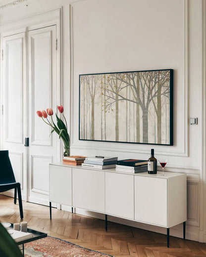 In Springtime no Border by Kathrine Lovell. shown as a framed stretched canvas in a living room above a console. Available as a archival giclee rolled canvas, fine art paper, or poster print. SKU 13420i.