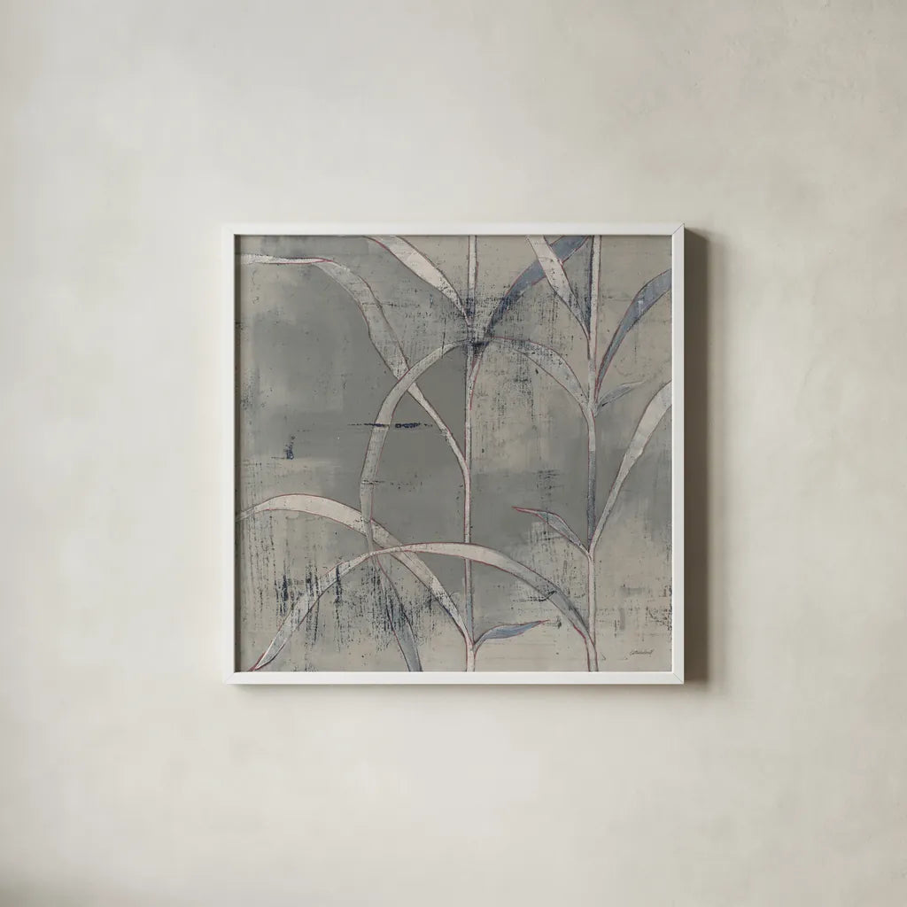 In the Garden III Gray by Kathrine Lovell. Shown in a crisp white glass frame for a clean and minimalist style. Available as an archival giclee rolled canvas, fine art paper, or poster print. SKU 42230a.
