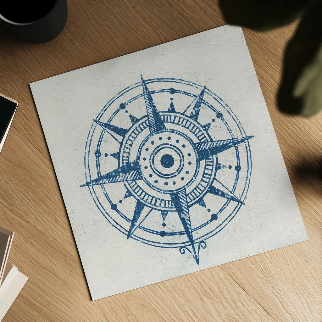 Indigo Gild Compass Rose 1 by Kathrine Lovell. Shown as a detailed flat fine art print, highlighting archival giclee quality. Available as an archival giclee rolled canvas, fine art paper, or poster print. SKU 27150a.