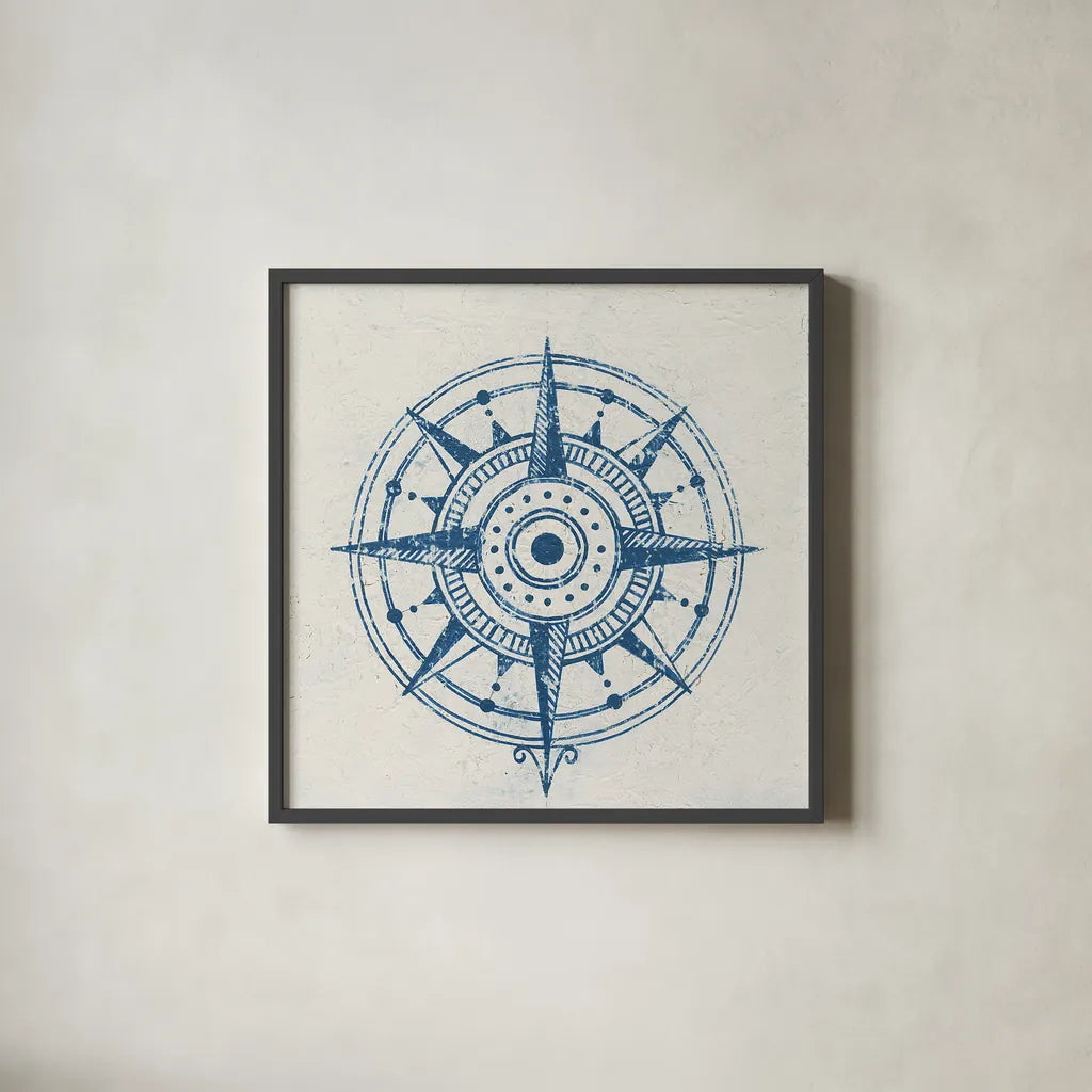 Indigo Gild Compass Rose 1 by Kathrine Lovell. Shown in a sleek black glass frame for a contemporary gallery look. Available as an archival giclee rolled canvas, fine art paper, or poster print. SKU 27150a.
