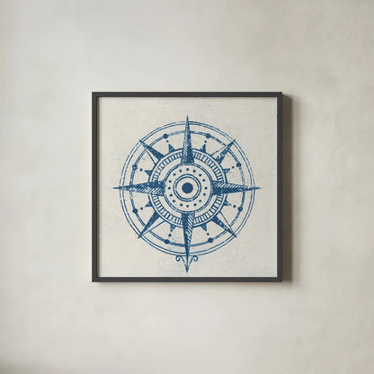Indigo Gild Compass Rose 1 by Kathrine Lovell. Shown in a sleek black glass frame for a contemporary gallery look. Available as an archival giclee rolled canvas, fine art paper, or poster print. SKU 27150a.