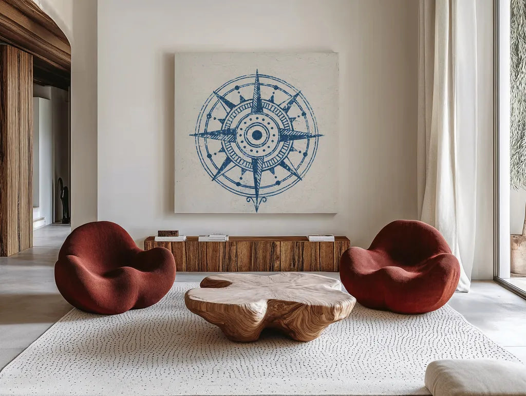 Indigo Gild Compass Rose 1 by Kathrine Lovell. Shown as extra-large giant wall art in a modern living room. Available as an archival giclee rolled canvas, fine art paper, or poster print. SKU 27150a.