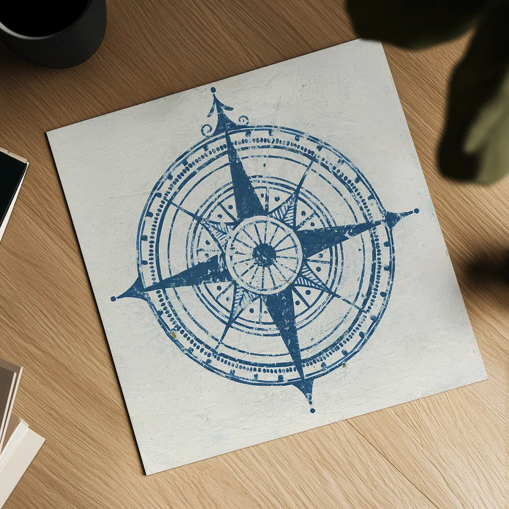 Indigo Gild Compass Rose 2 by Kathrine Lovell. Shown as a detailed flat fine art print, highlighting archival giclee quality. Available as an archival giclee rolled canvas, fine art paper, or poster print. SKU 27151a.