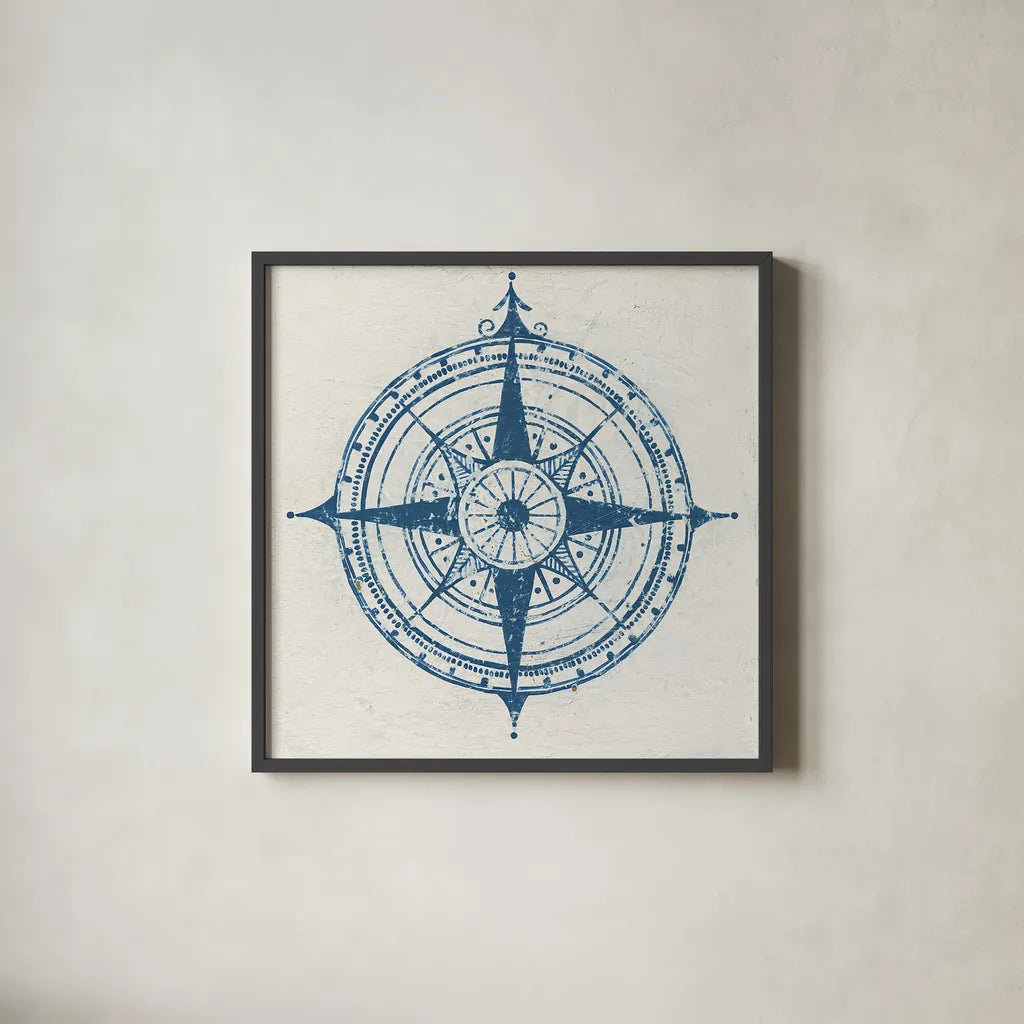 Indigo Gild Compass Rose 2 by Kathrine Lovell. Shown in a sleek black glass frame for a contemporary gallery look. Available as an archival giclee rolled canvas, fine art paper, or poster print. SKU 27151a.